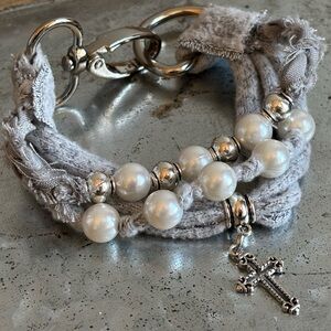 Upcycled and Elegant Silver and Gray Beaded Bracelet with Cross Charm